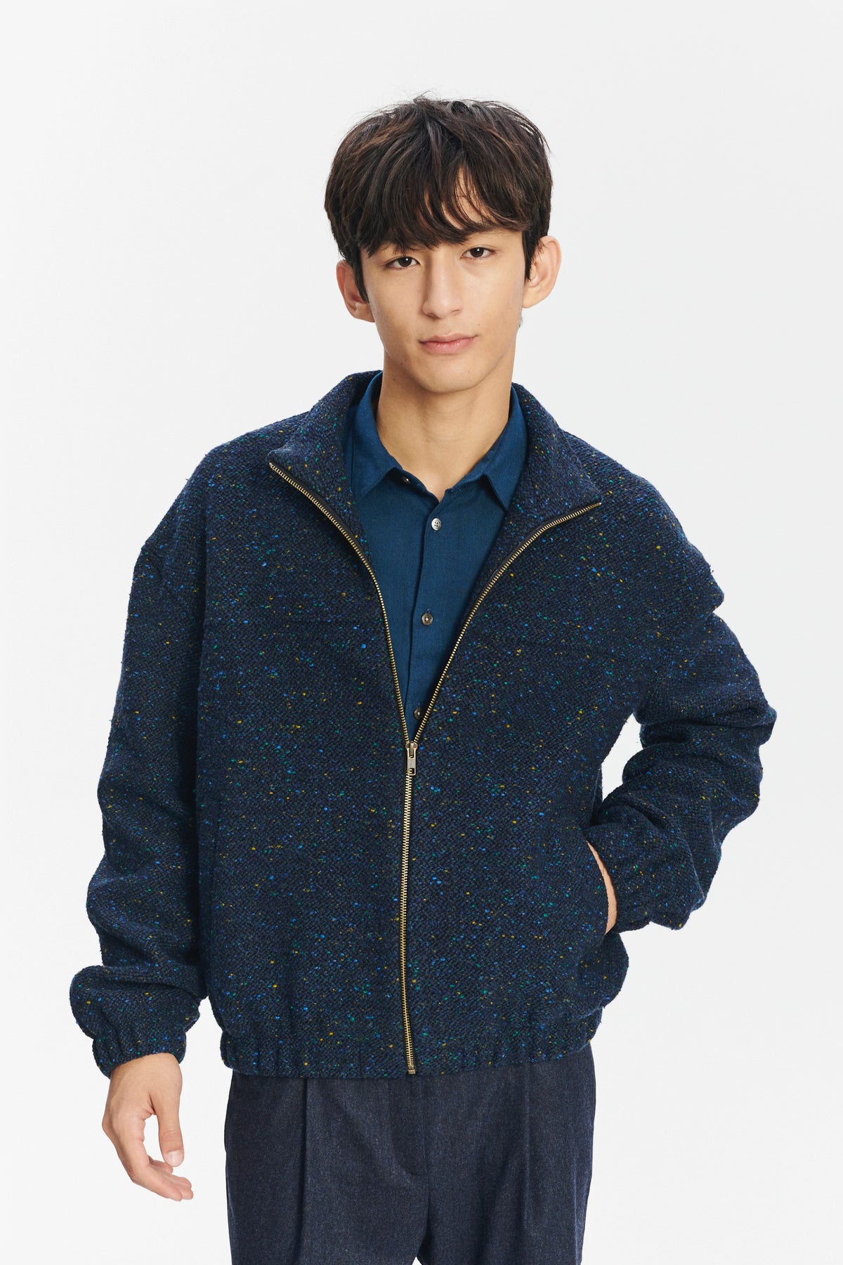 New Zipped Blouson Jacket in Navy Virgin Wool Blend