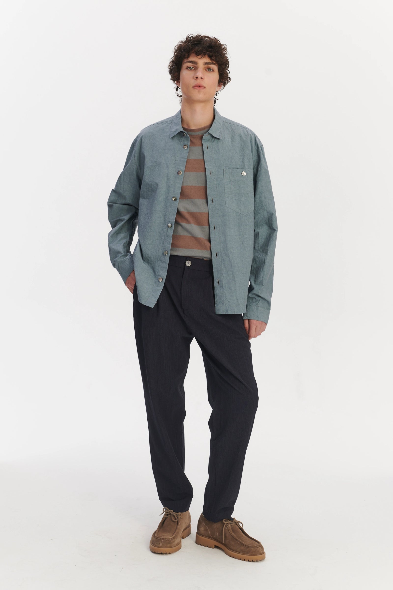 Architects Overshirt in a Pale Sky Blue Dry Japanese Cotton and Linen