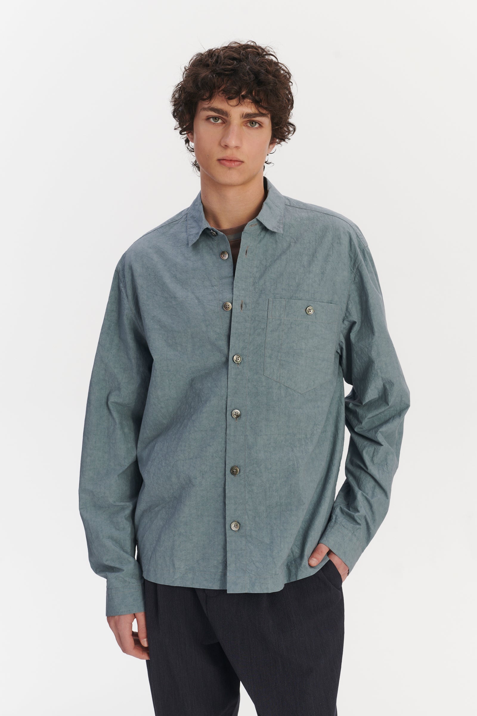 Architects Overshirt in a Pale Sky Blue Dry Japanese Cotton and Linen
