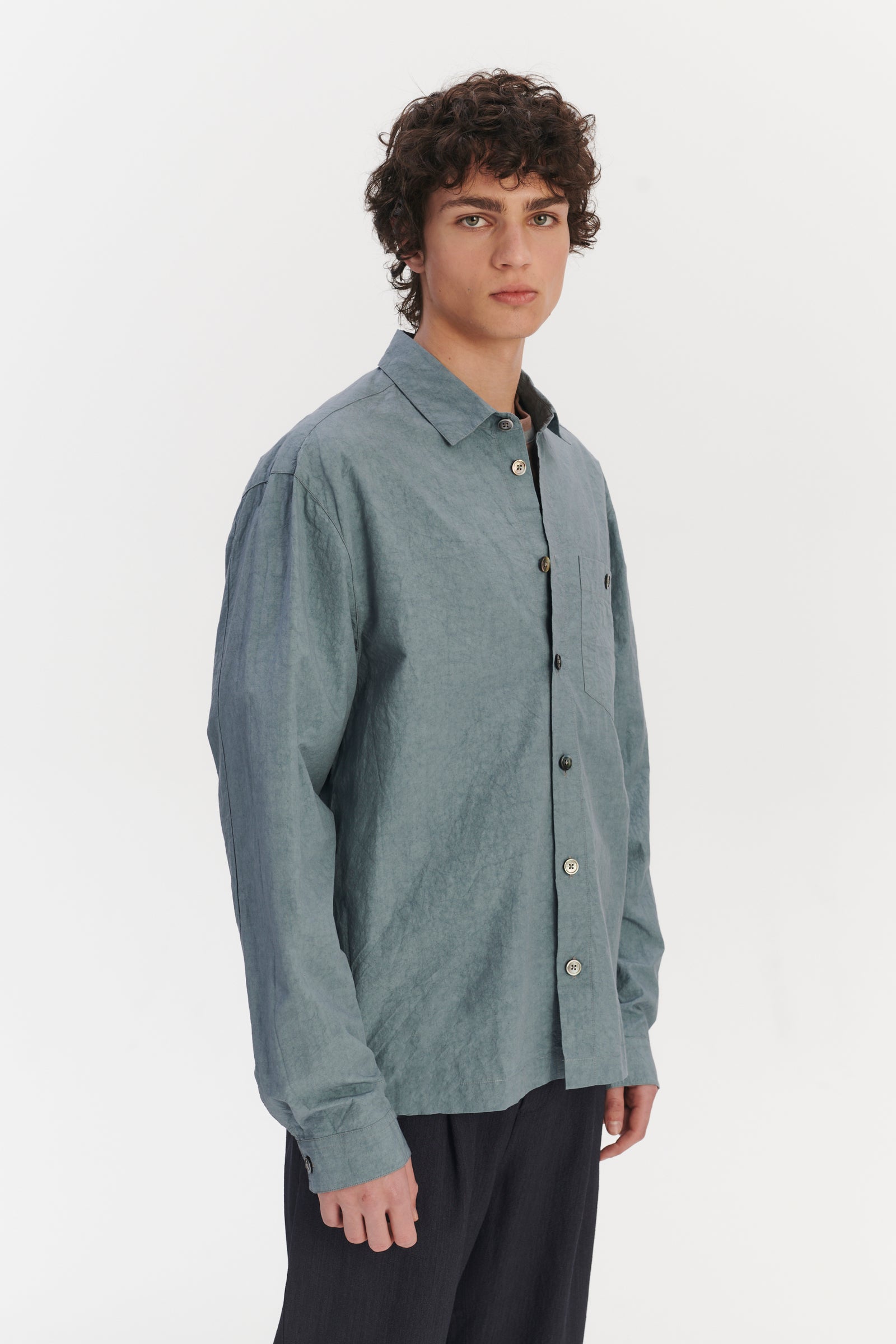 Architects Overshirt in a Pale Sky Blue Dry Japanese Cotton and Linen
