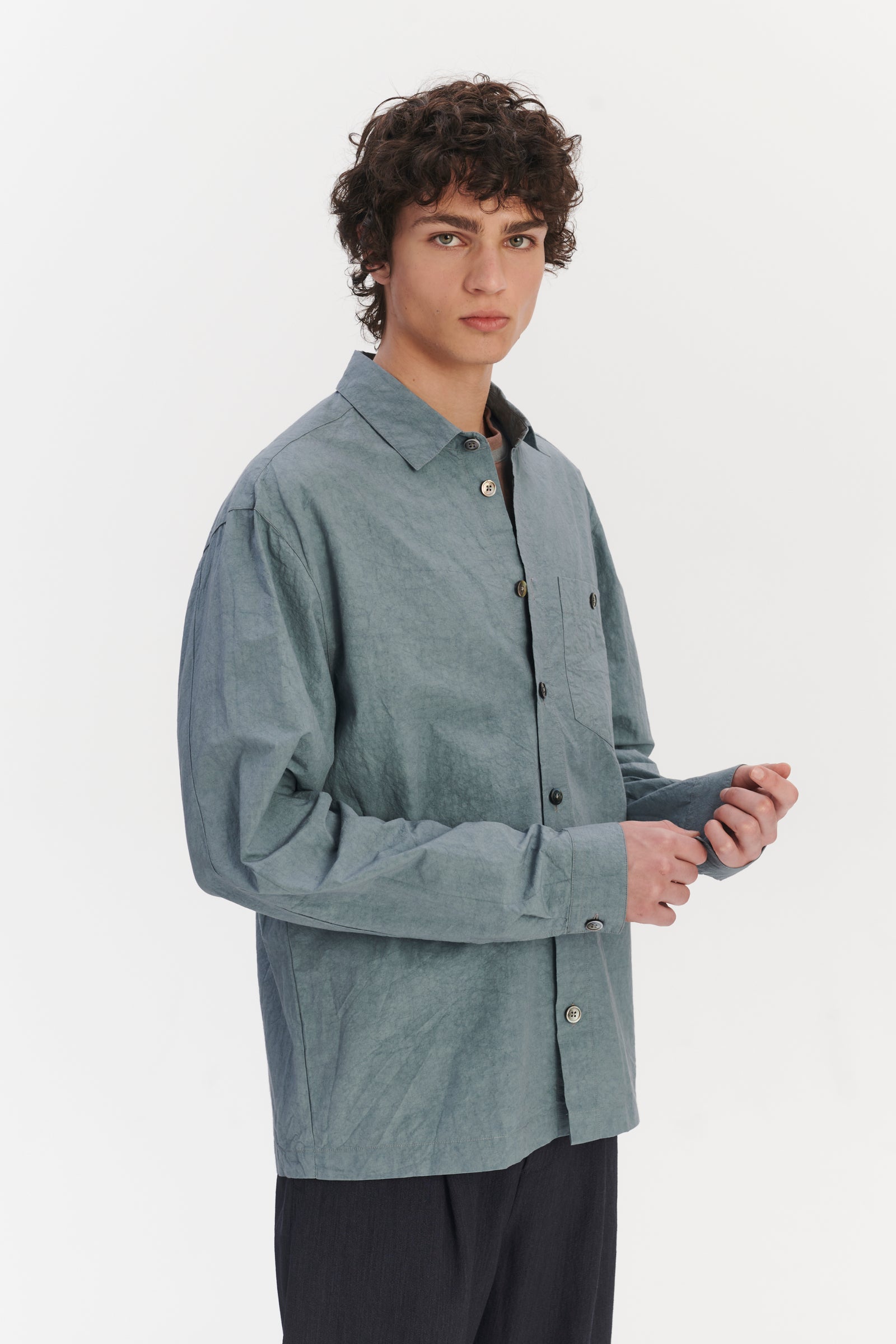 Architects Overshirt in a Pale Sky Blue Dry Japanese Cotton and Linen