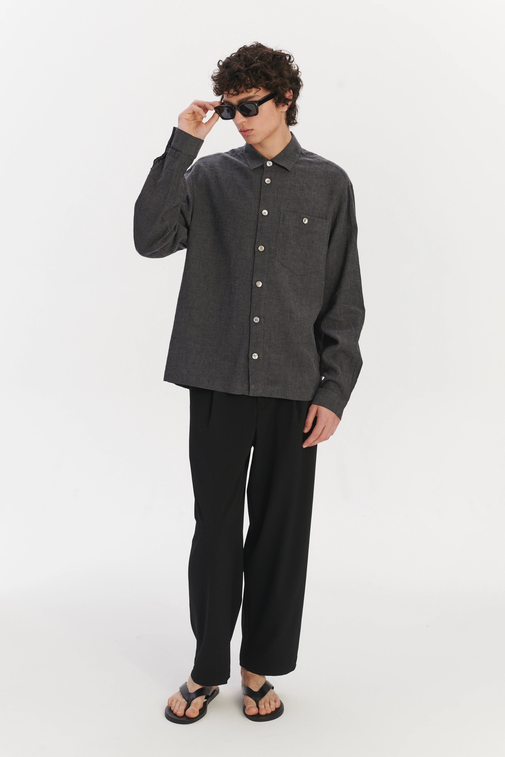 Architects Overshirt in a Charcoal Grey Mix of Japanese Linen and Cotton