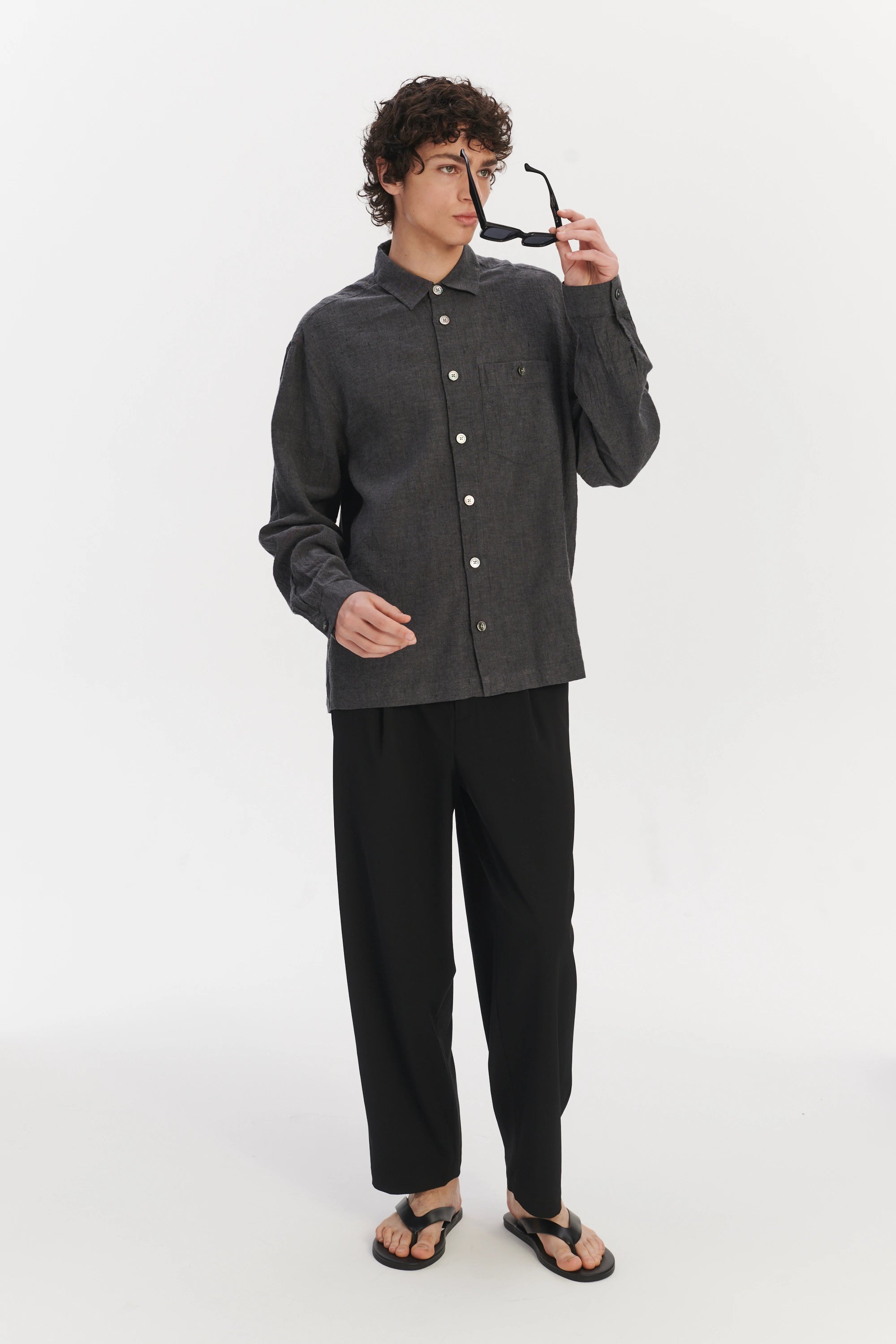 Architects Overshirt in a Charcoal Grey Mix of Japanese Linen and Cotton
