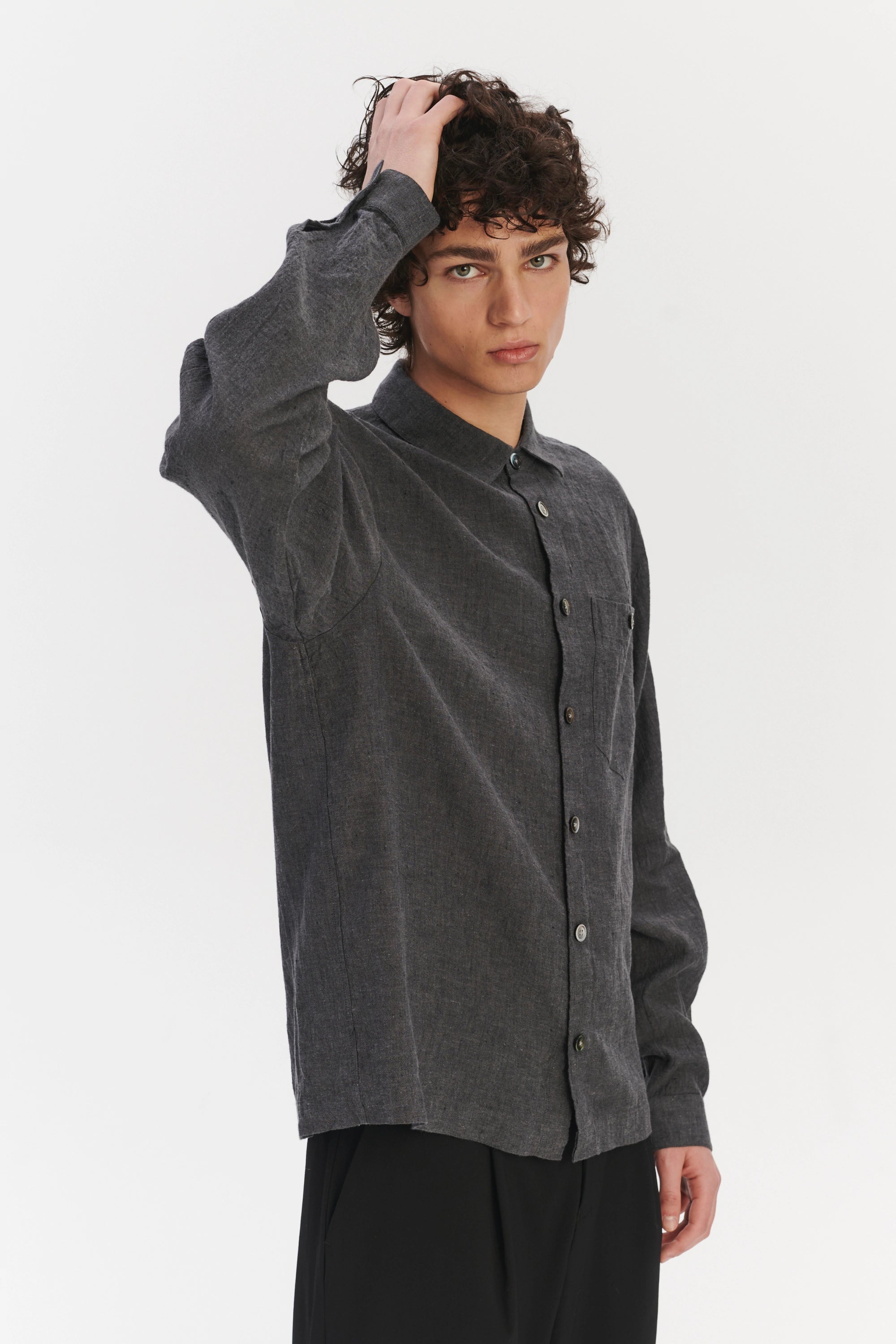 Architects Overshirt in a Charcoal Grey Mix of Japanese Linen and Cotton