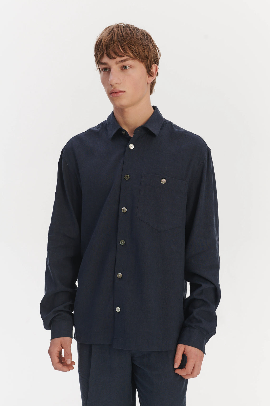 Architects Overshirt in a Navy Blue Mix of Japanese Linen and Silk