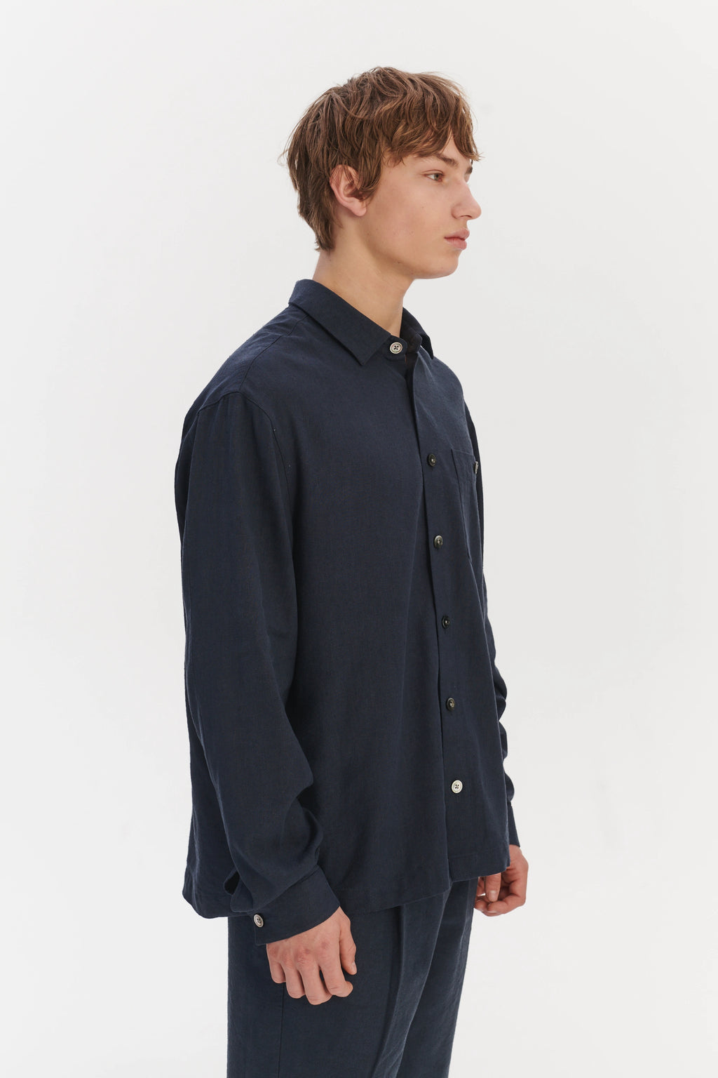 Architects Overshirt in a Navy Blue Mix of Japanese Linen and Silk