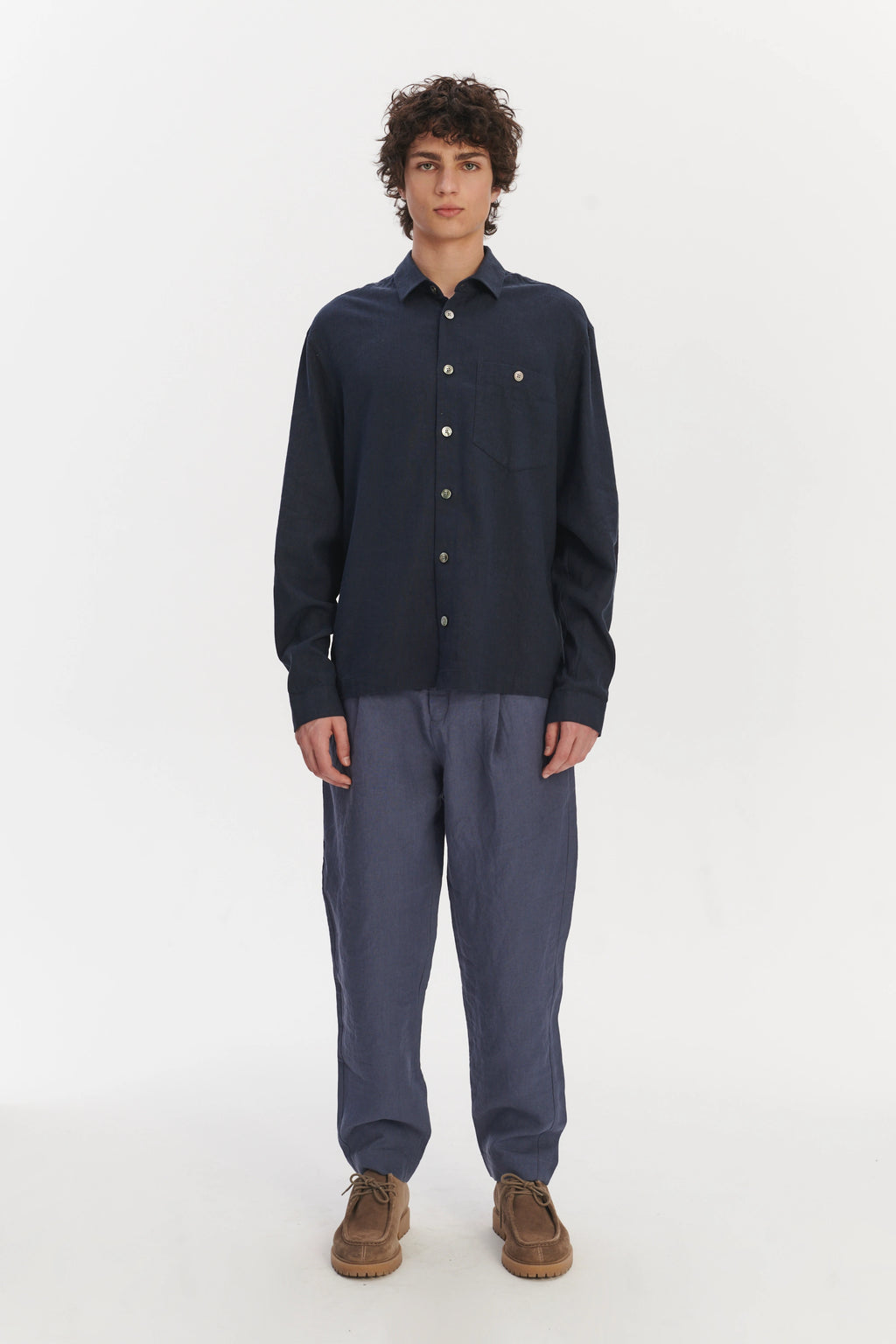 Architects Overshirt in a Navy Blue Mix of Japanese Linen and Silk