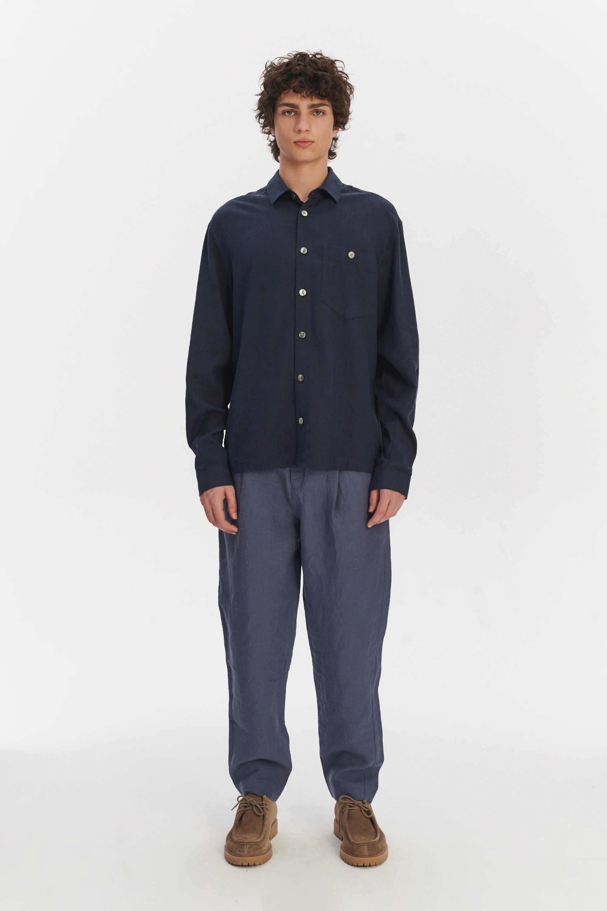 Architects Overshirt in a Navy Blue Mix of Japanese Linen and Silk