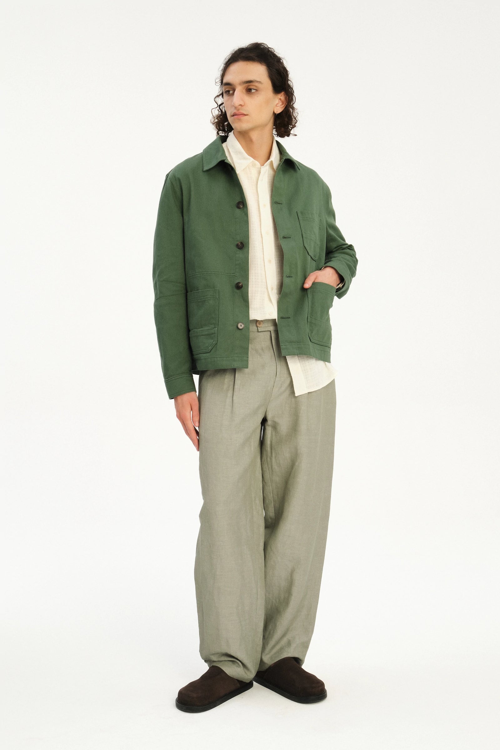 Dijon Workwear Jacket in a Summer Moss Green Japanese Cotton