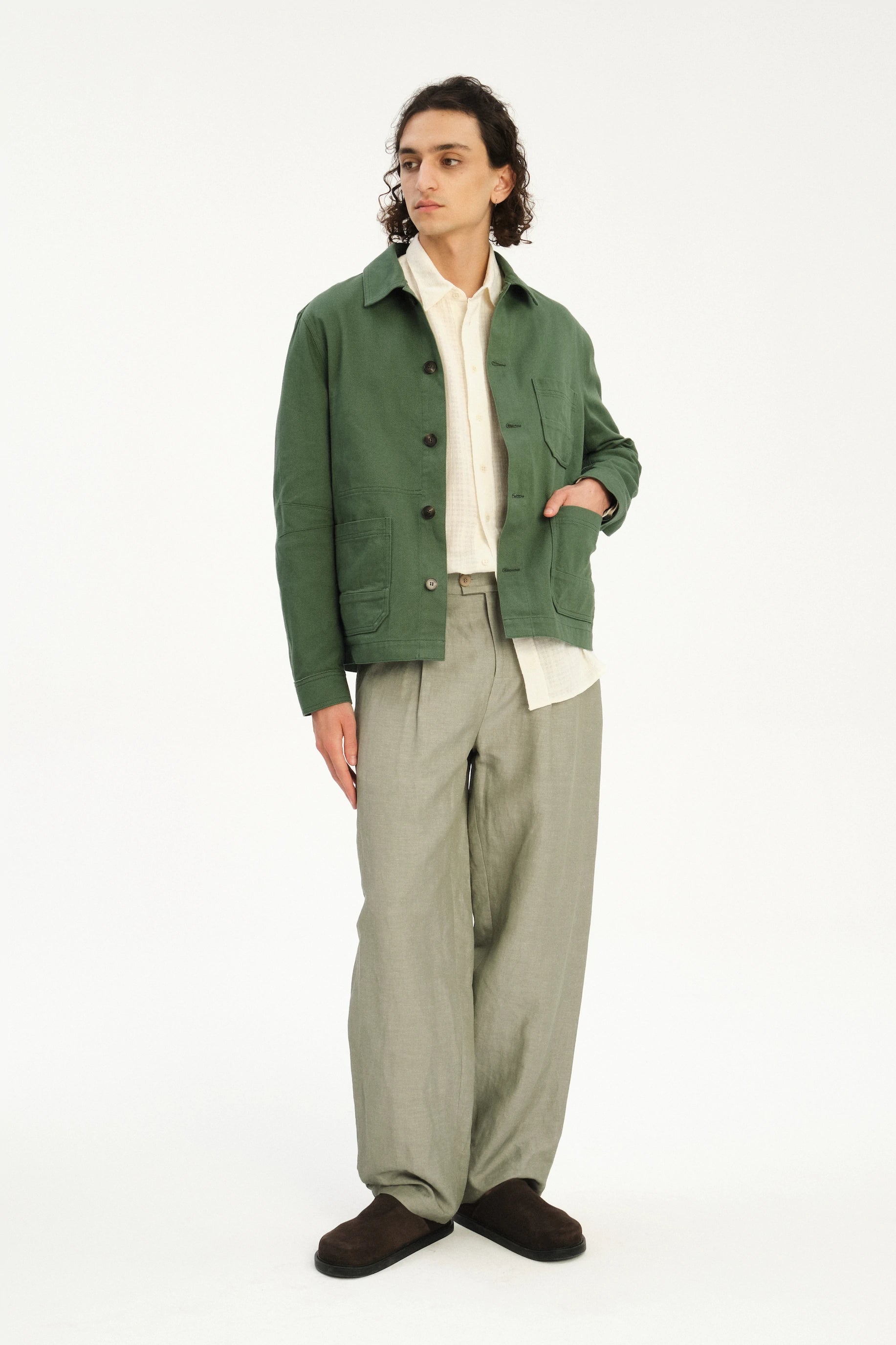 Dijon Workwear Jacket in a Summer Moss Green Japanese Cotton