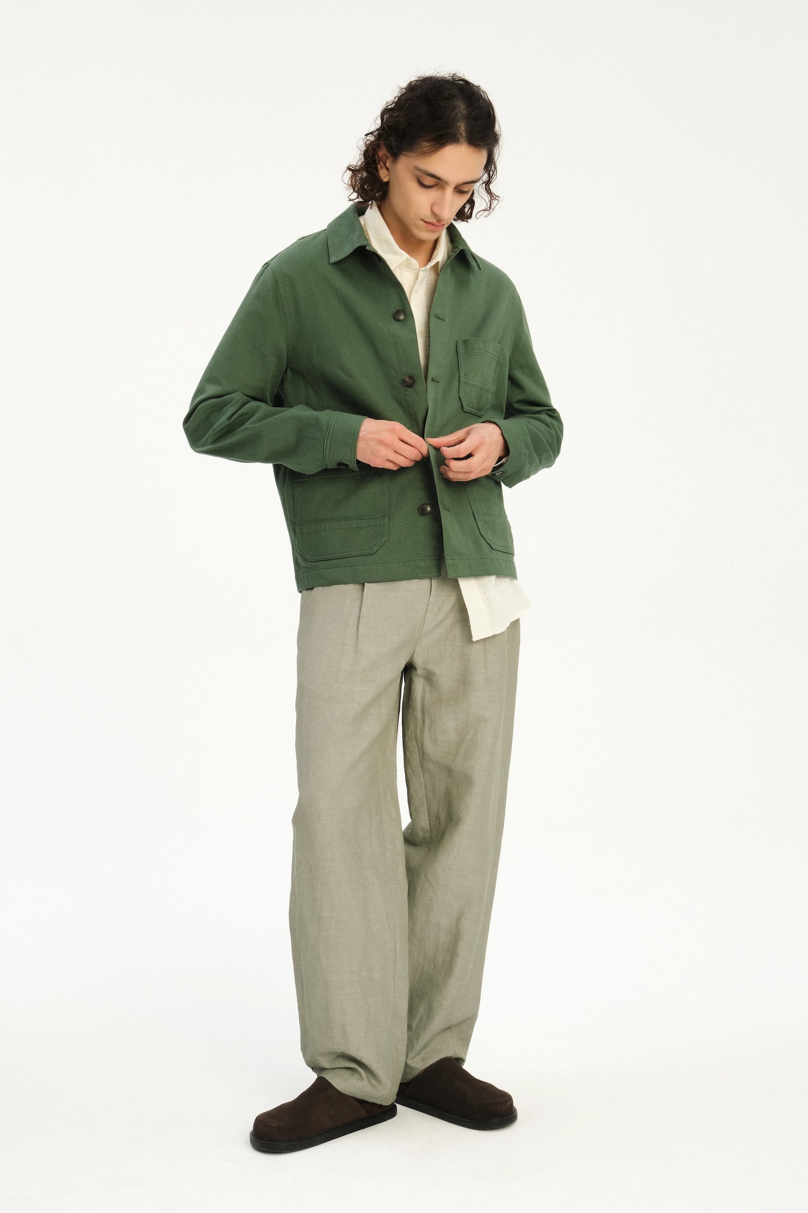 Dijon Workwear Jacket in a Summer Moss Green Japanese Cotton