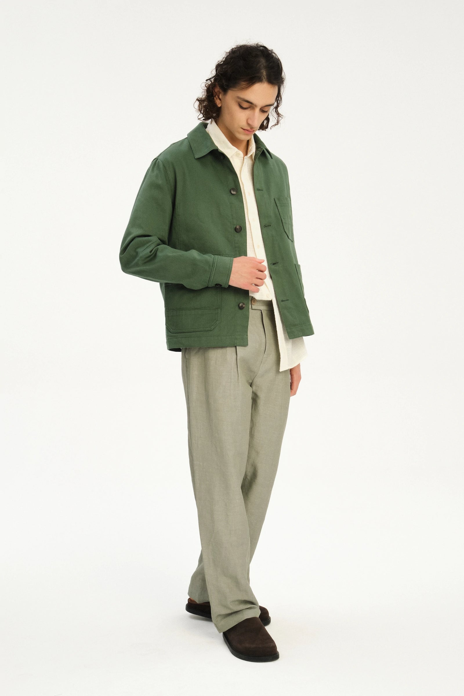 Dijon Workwear Jacket in a Summer Moss Green Japanese Cotton