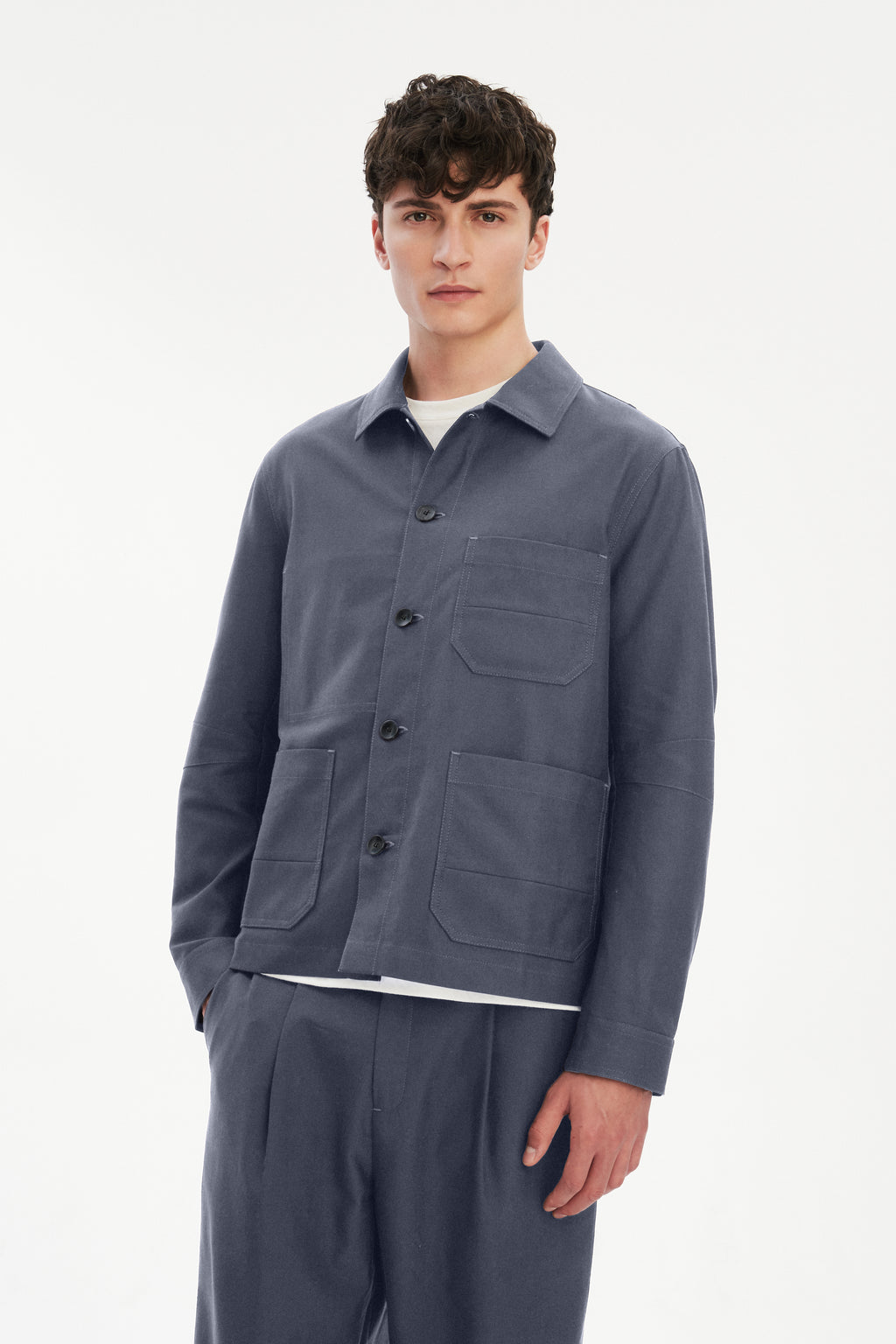 Workwear Jacket in a Steel Blue Subtle Firm Italian Organic Cotton