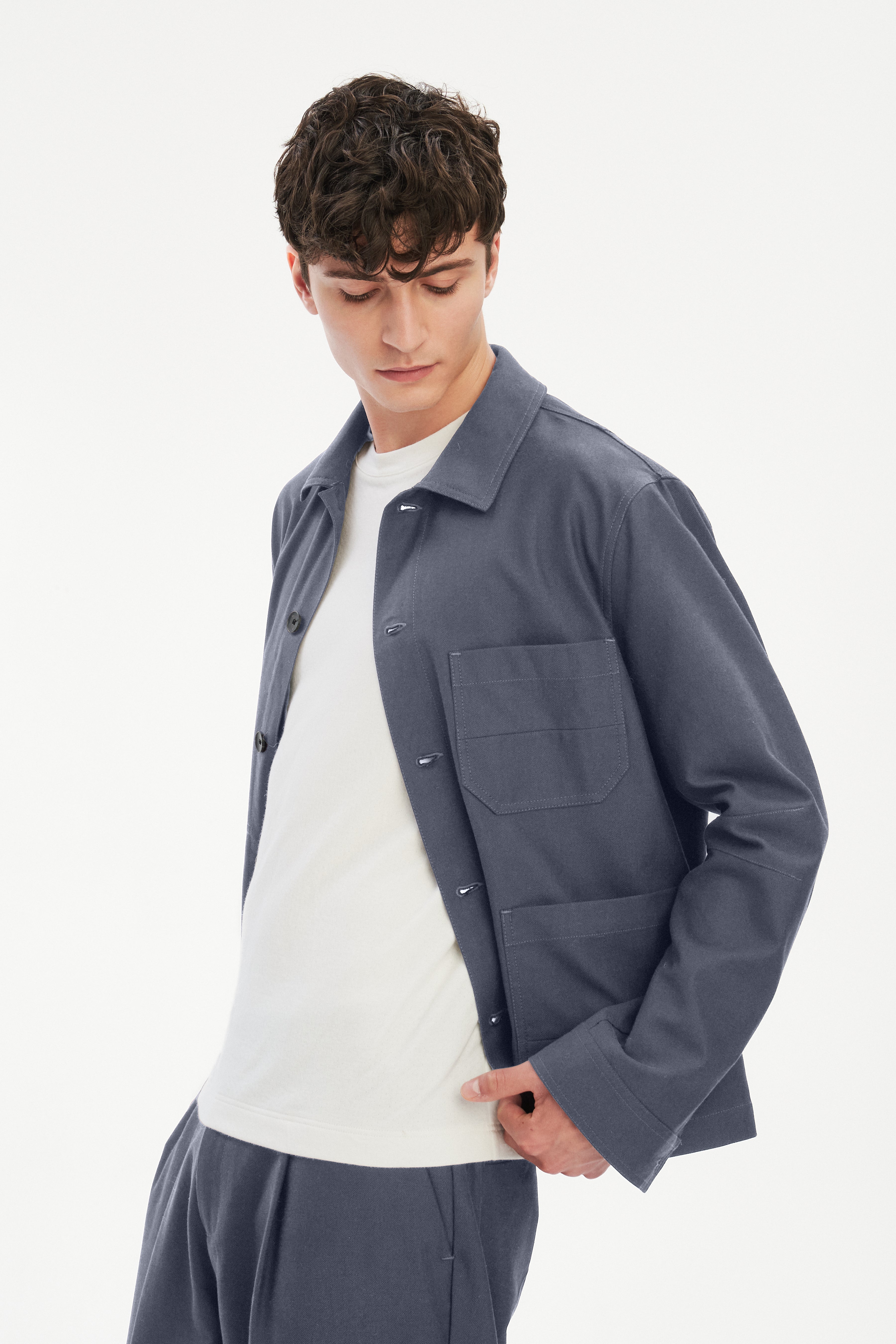 Workwear Jacket in a Steel Blue Subtle Firm Italian Organic Cotton