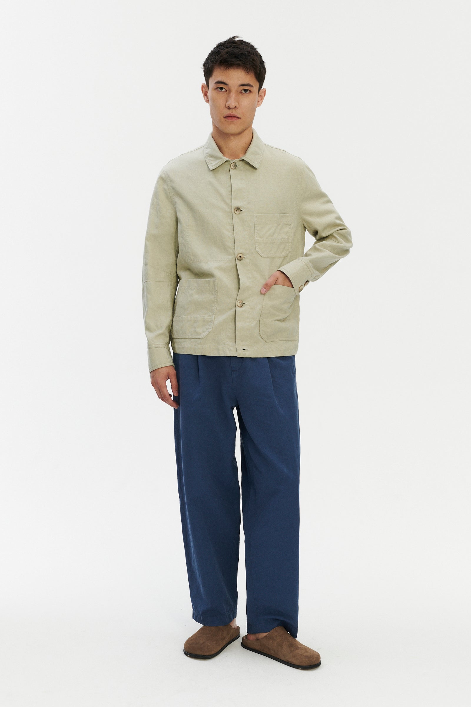 Dijon Workwear Jacket in a Pale Thyme Green Blend of Cotton and Linen