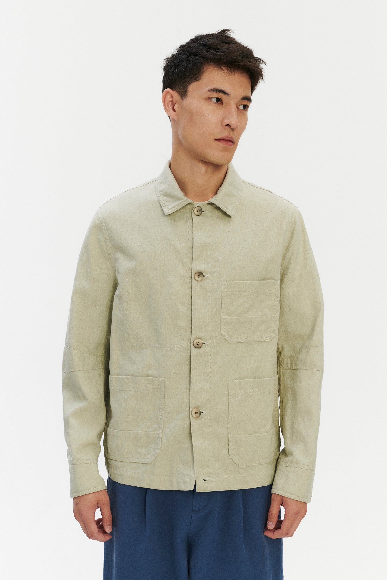 Dijon Workwear Jacket in a Pale Thyme Green Blend of Cotton and Linen