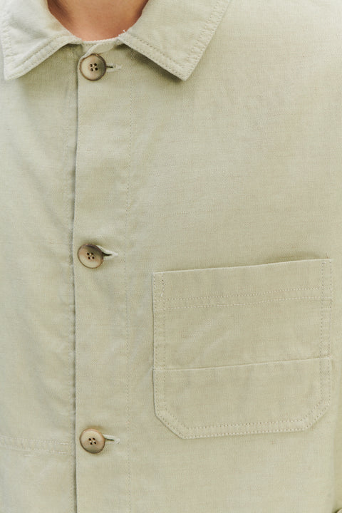 Dijon Workwear Jacket in a Pale Thyme Green Blend of Cotton and Linen