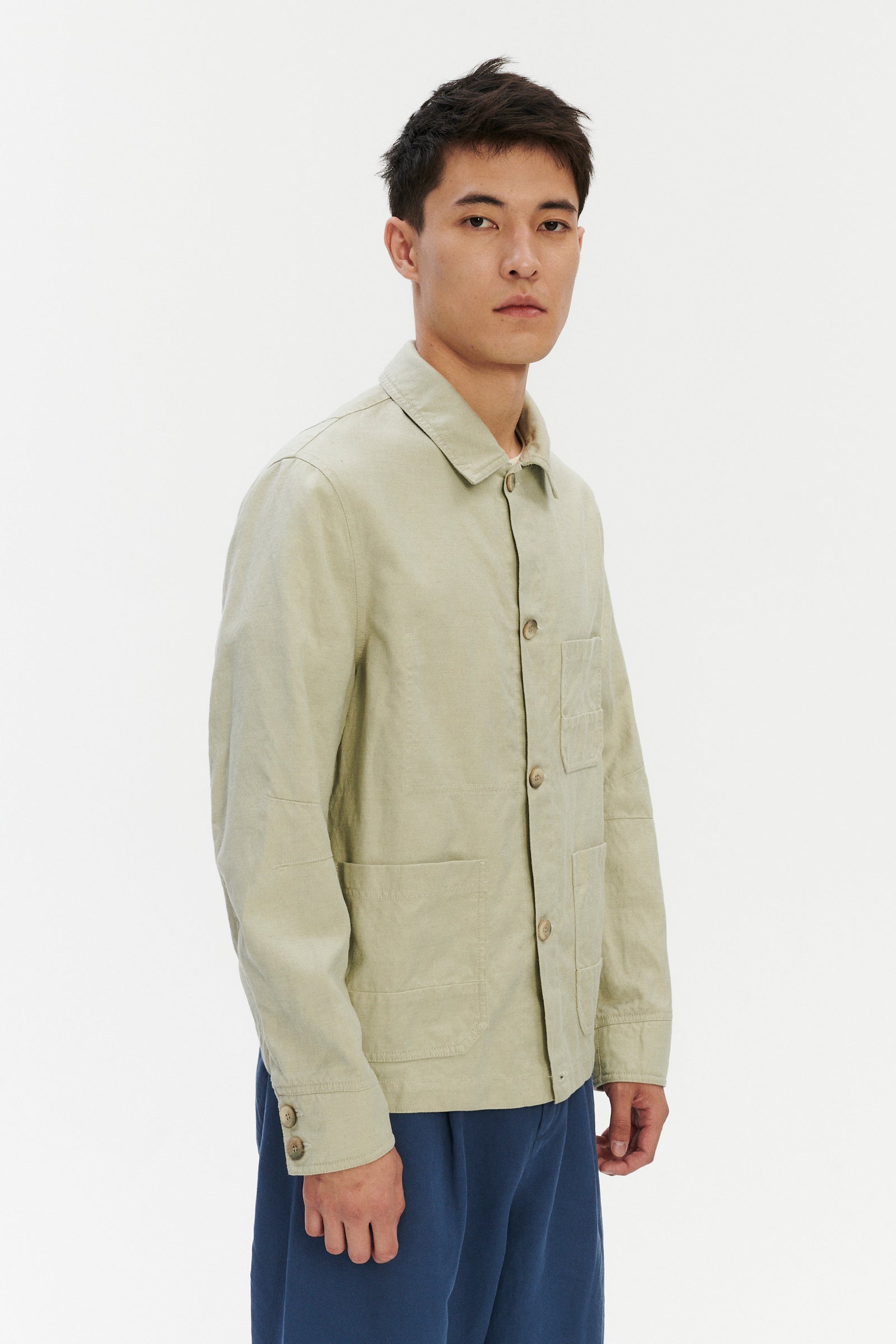 Dijon Workwear Jacket in a Pale Thyme Green Blend of Cotton and Linen