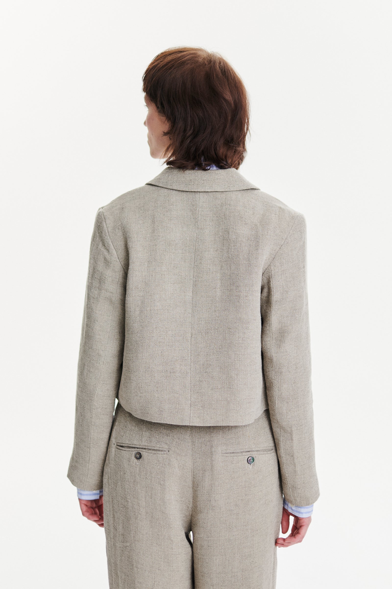 Relaxed Cropped Jacket in a Beige Fluid and Structured Italian Linen Crepe