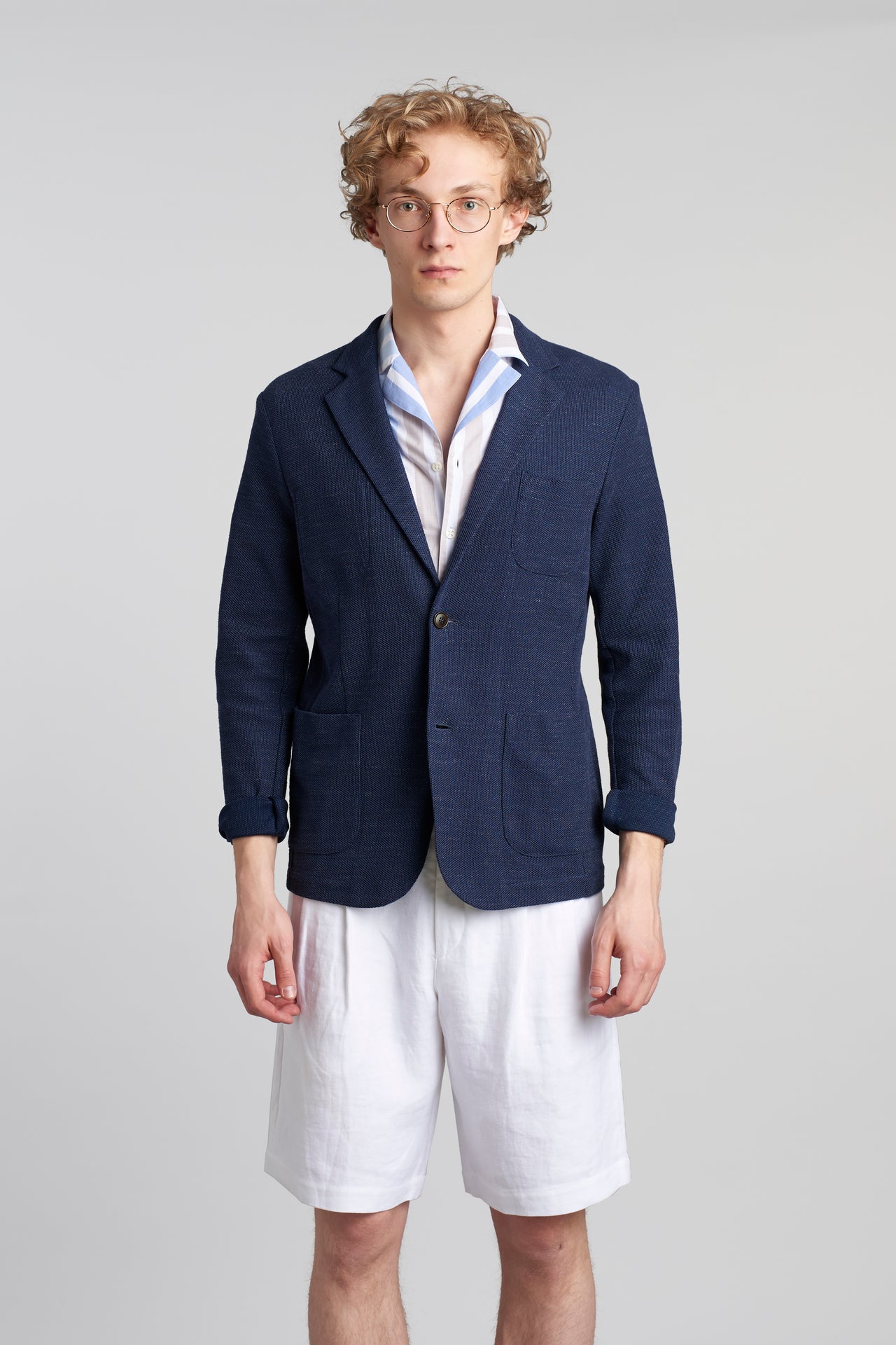 Blazer in Navy Blue Piqué Italian Cotton Jersey