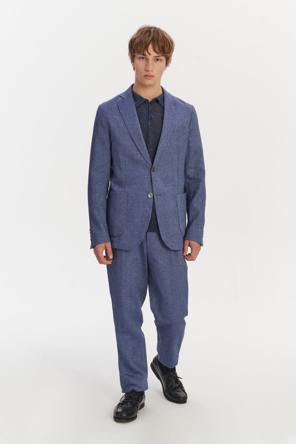 Smart Relaxed Blazer in a Natural Stretch Navy and Pilot Blue Italian Traceable Linen