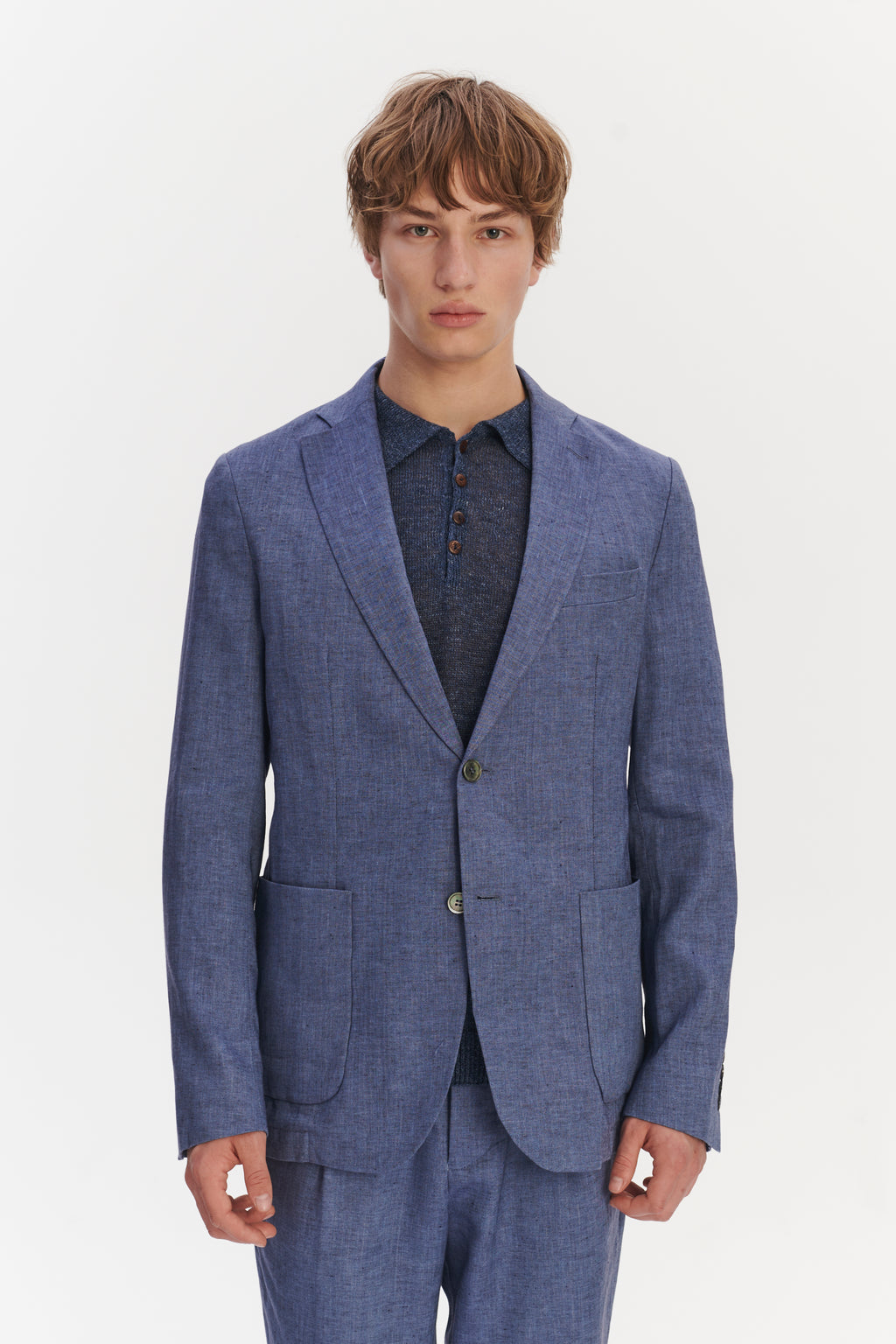 Smart Relaxed Blazer in a Natural Stretch Navy and Pilot Blue Italian Traceable Linen