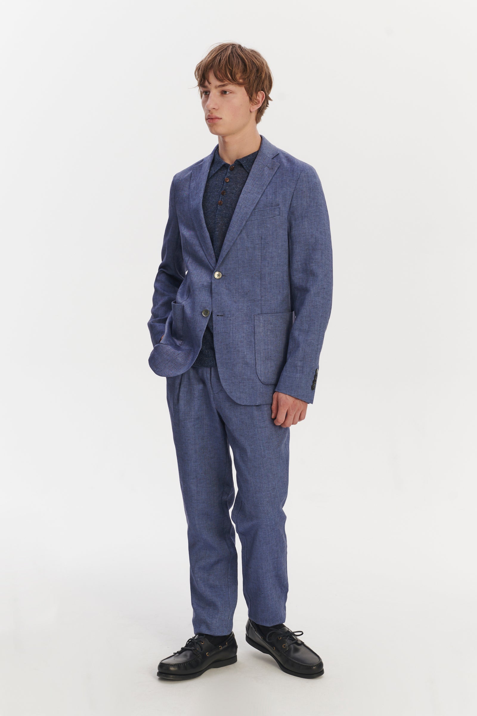 Bohemian Trousers in a Natural Stretch Navy and Pilot Blue Italian Traceable Linen