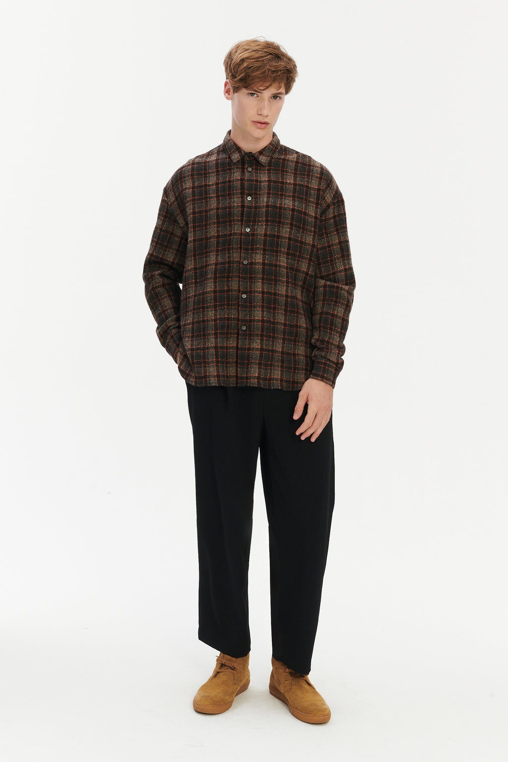 Oversized Shirt in Japanese Light Combed Wool - Brown Orange Check