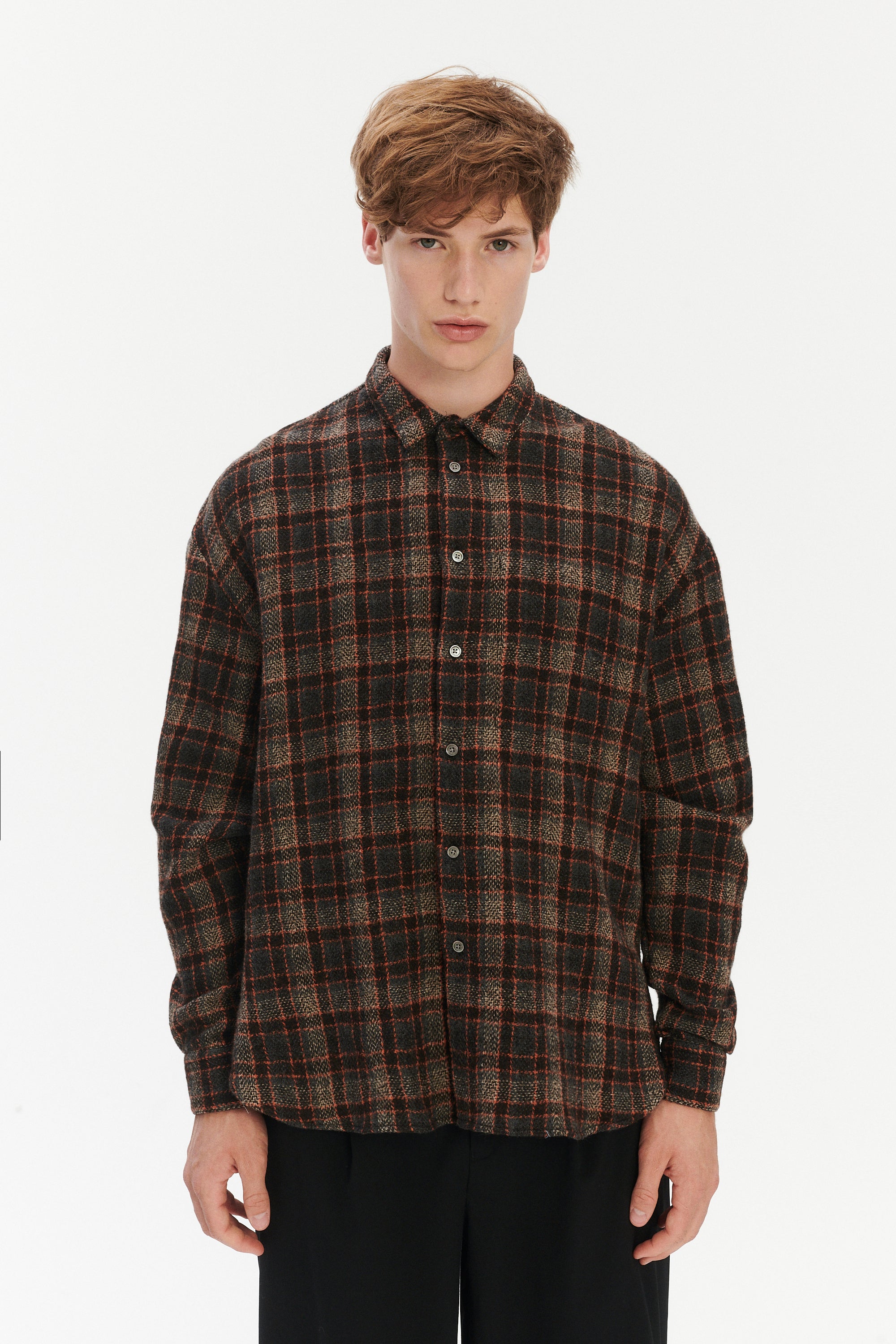 Oversized Shirt in Japanese Light Combed Wool - Brown Orange Check