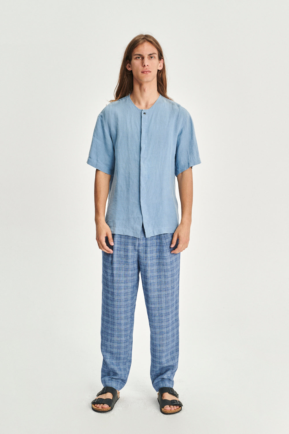 Short Sleeve Minimal Shirt in a Fine Indigo Blue Portuguese Linen