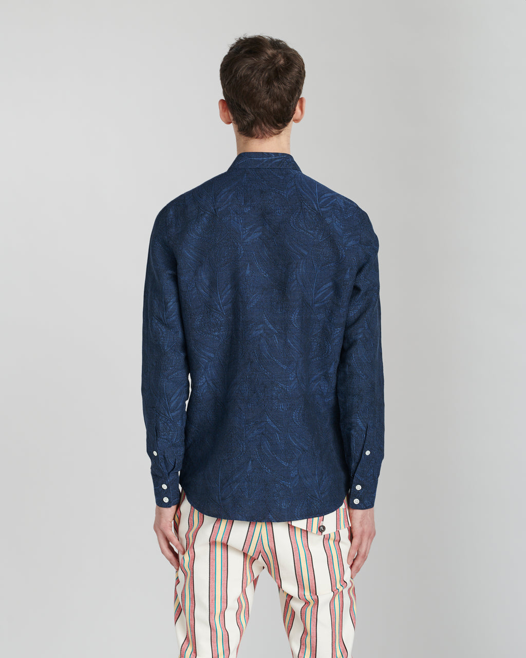 Feel Good Shirt in a Navy Blue Jacquard Italian Cotton and Linen by the Historical mill Leggiuno