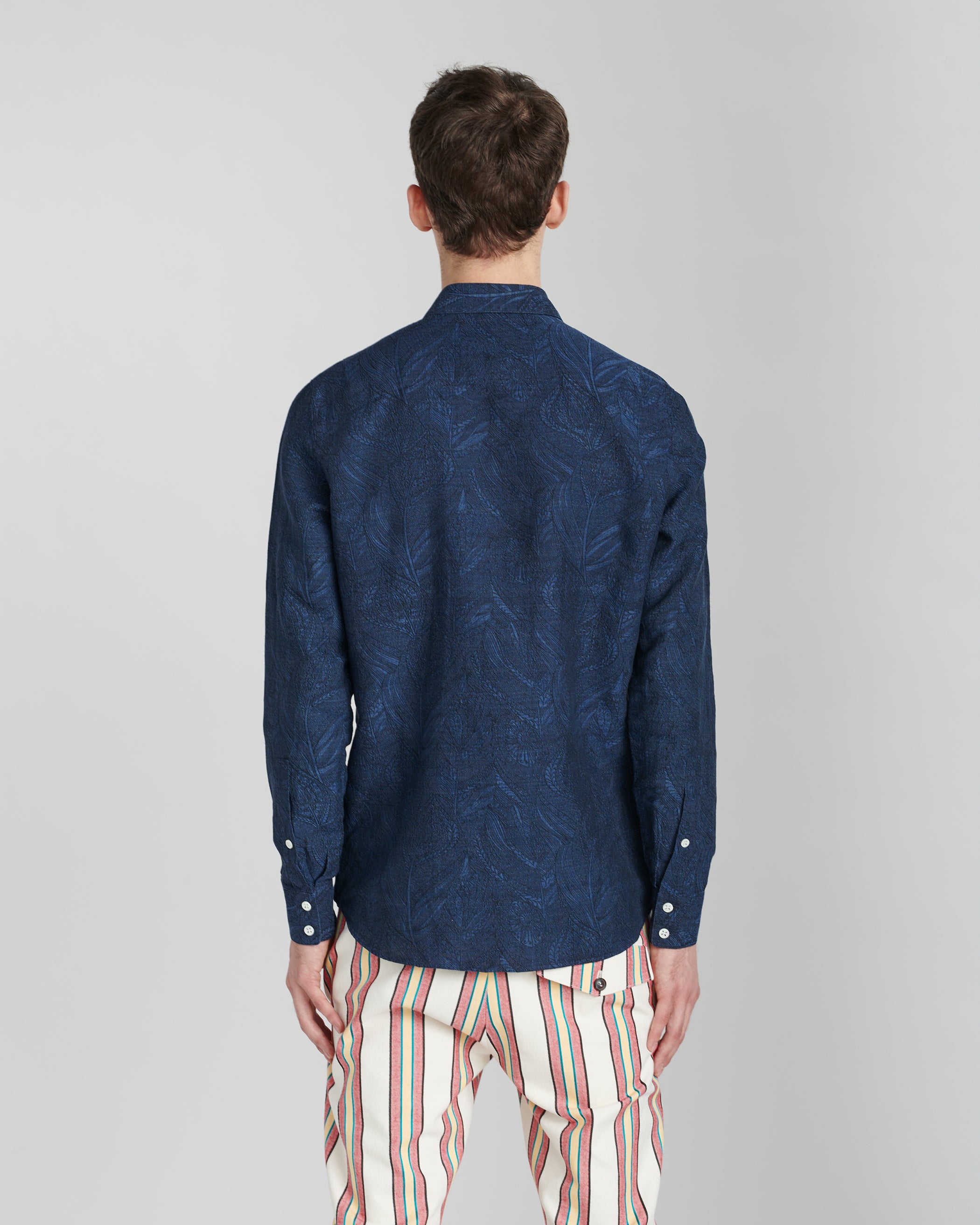 Feel Good Shirt in a Navy Blue Jacquard Italian Cotton and Linen by the Historical mill Leggiuno