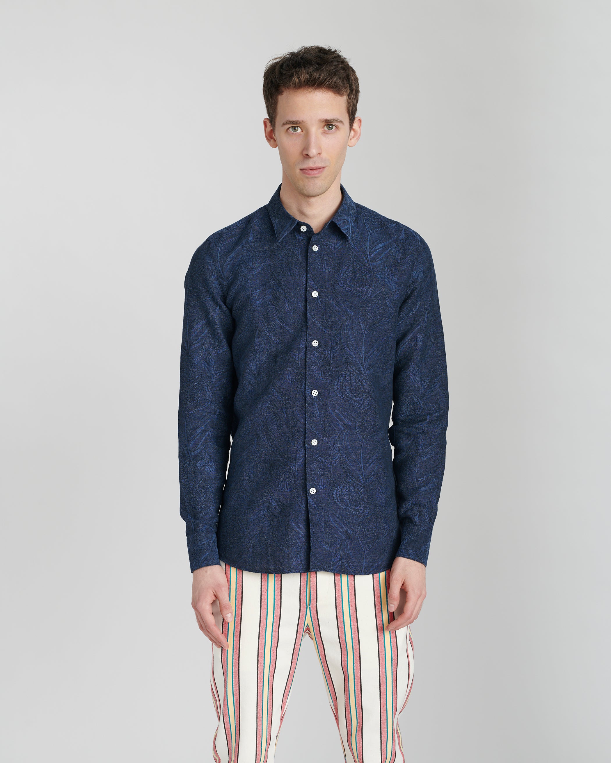 Feel Good Shirt in a Navy Blue Jacquard Italian Cotton and Linen by the Historical mill Leggiuno