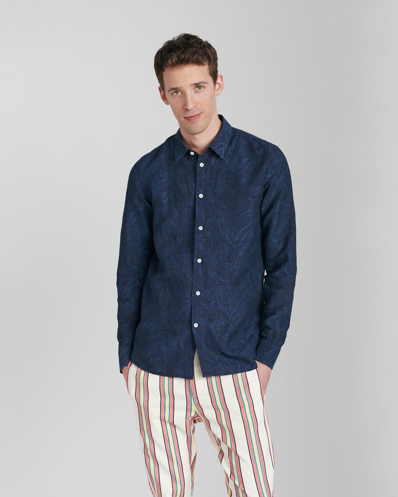 Feel Good Shirt in a Navy Blue Jacquard Italian Cotton and Linen by the Historical mill Leggiuno