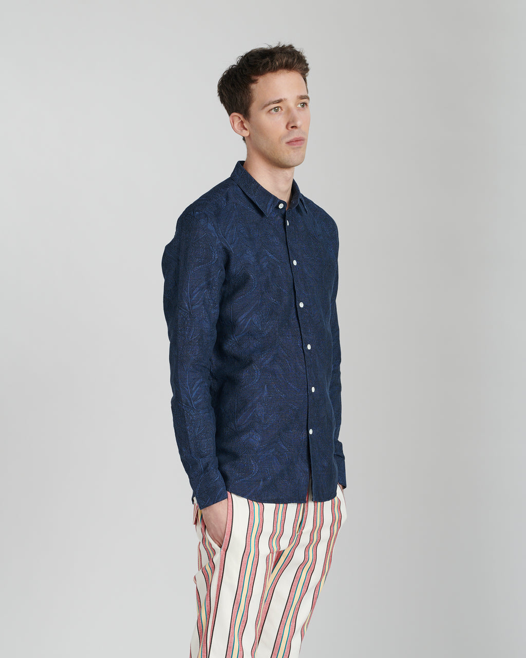 Feel Good Shirt in a Navy Blue Jacquard Italian Cotton and Linen by the Historical mill Leggiuno