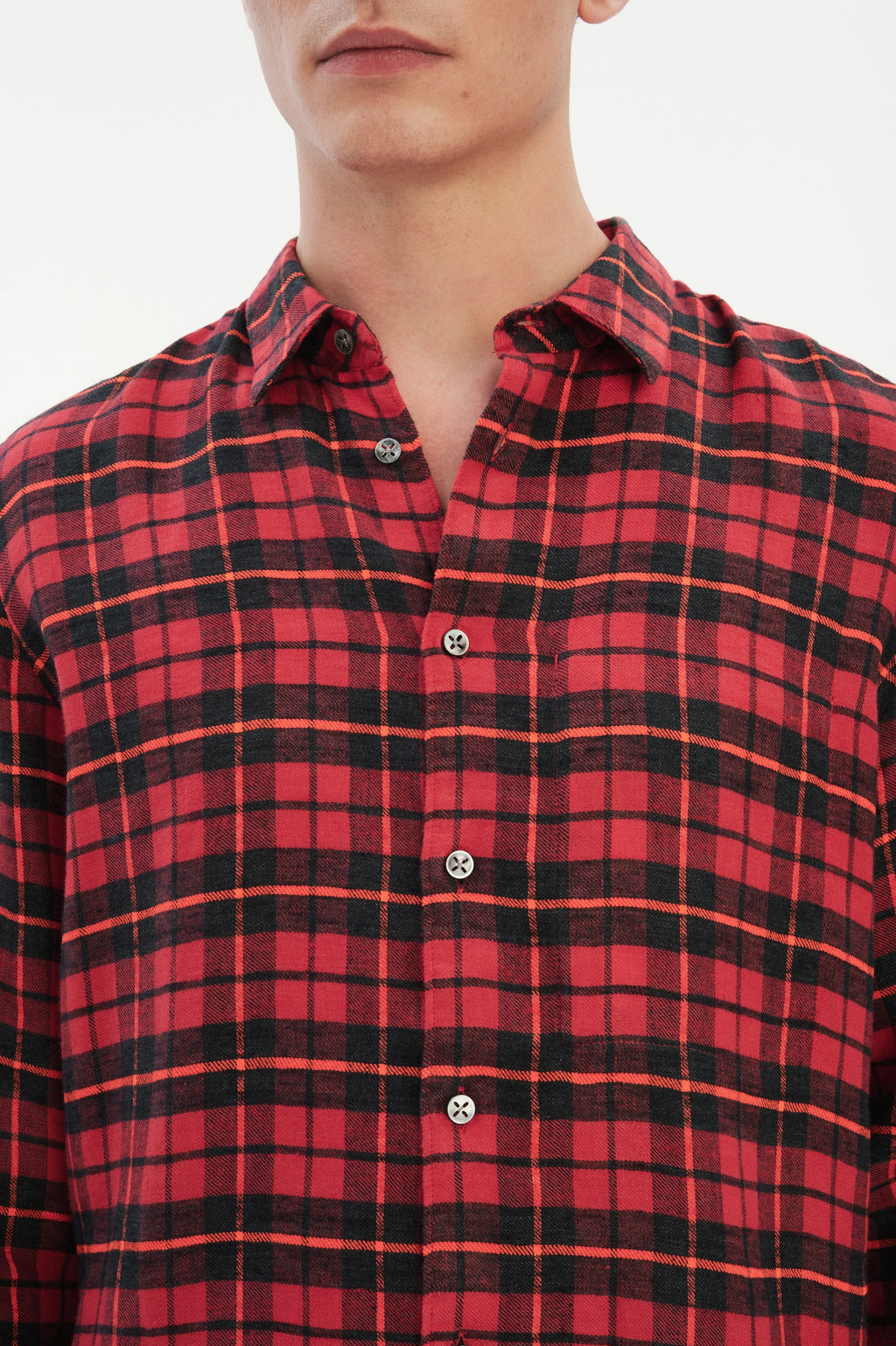 Feel Good Shirt in a Red, Orange and Black Chequered Italian Winter Linen Flannel