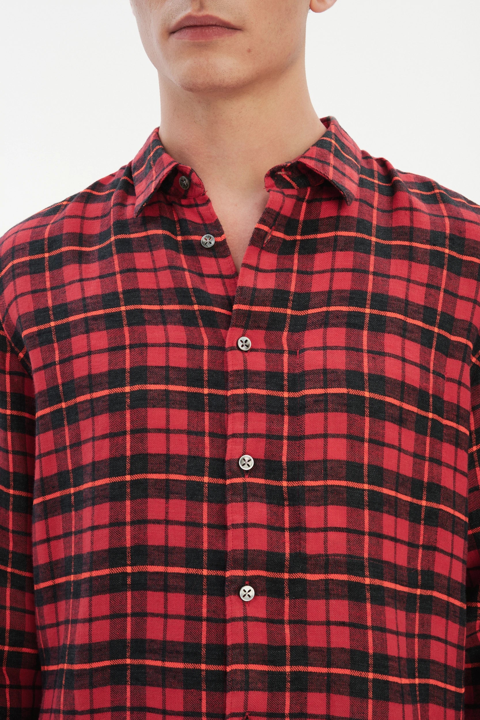 Feel Good Shirt in a Red, Orange and Black Chequered Italian Winter Linen Flannel