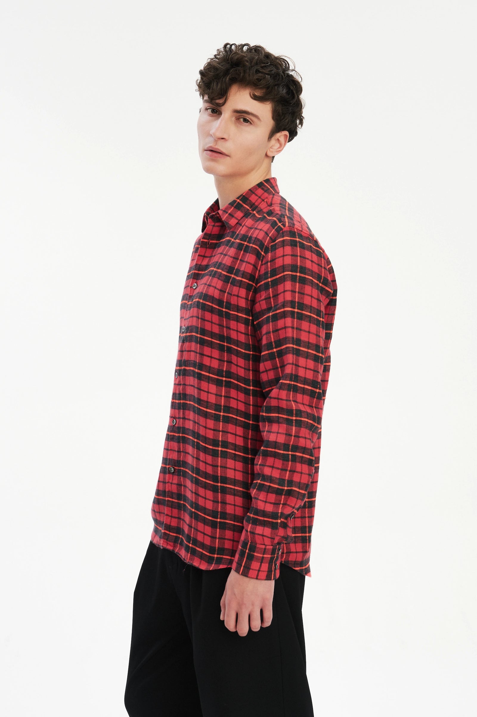 Feel Good Shirt in a Red, Orange and Black Chequered Italian Winter Linen Flannel