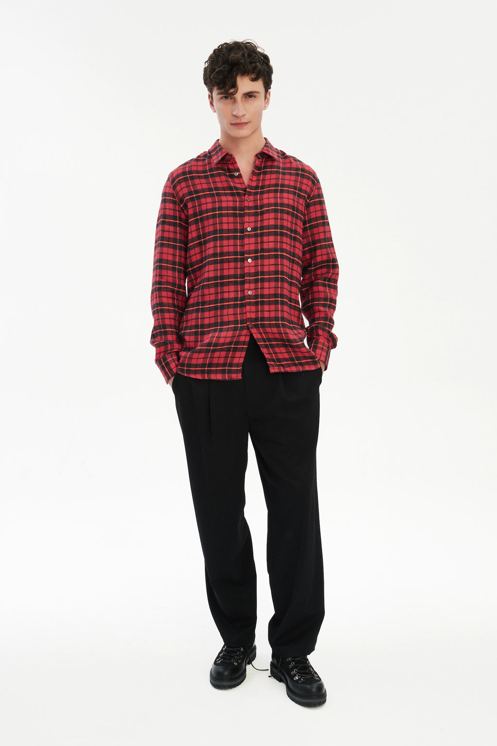 Feel Good Shirt in a Red, Orange and Black Chequered Italian Winter Linen Flannel