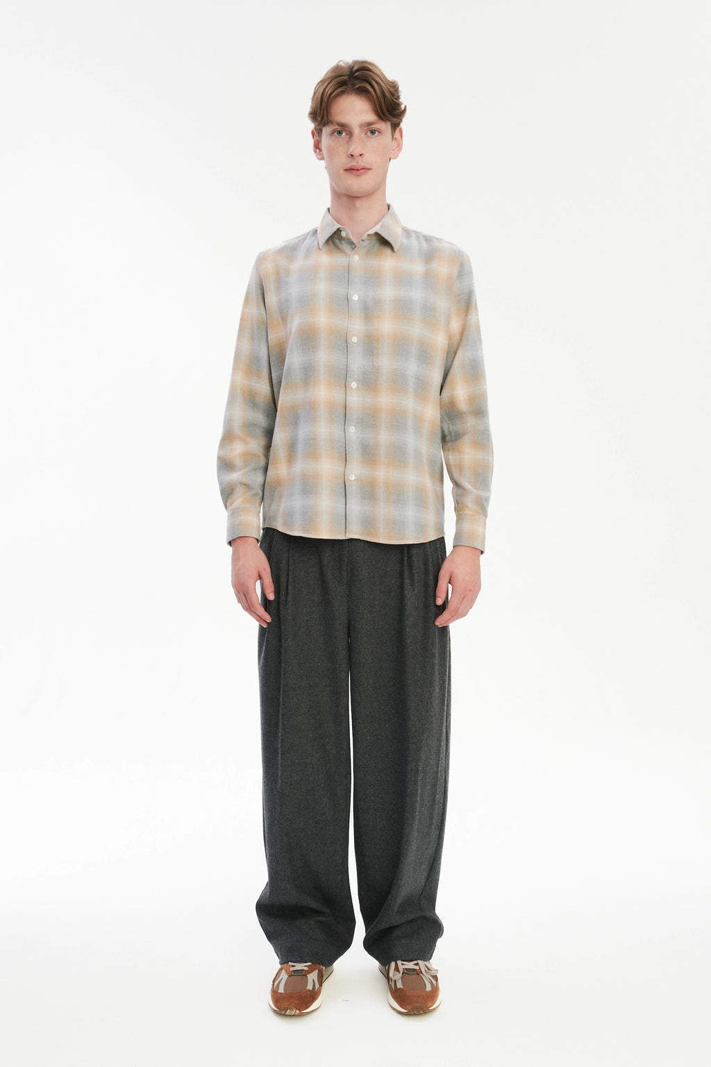 Feel Good Shirt in a Soft Tonal Beige and Grey Chequered Italian Cotton Flannel