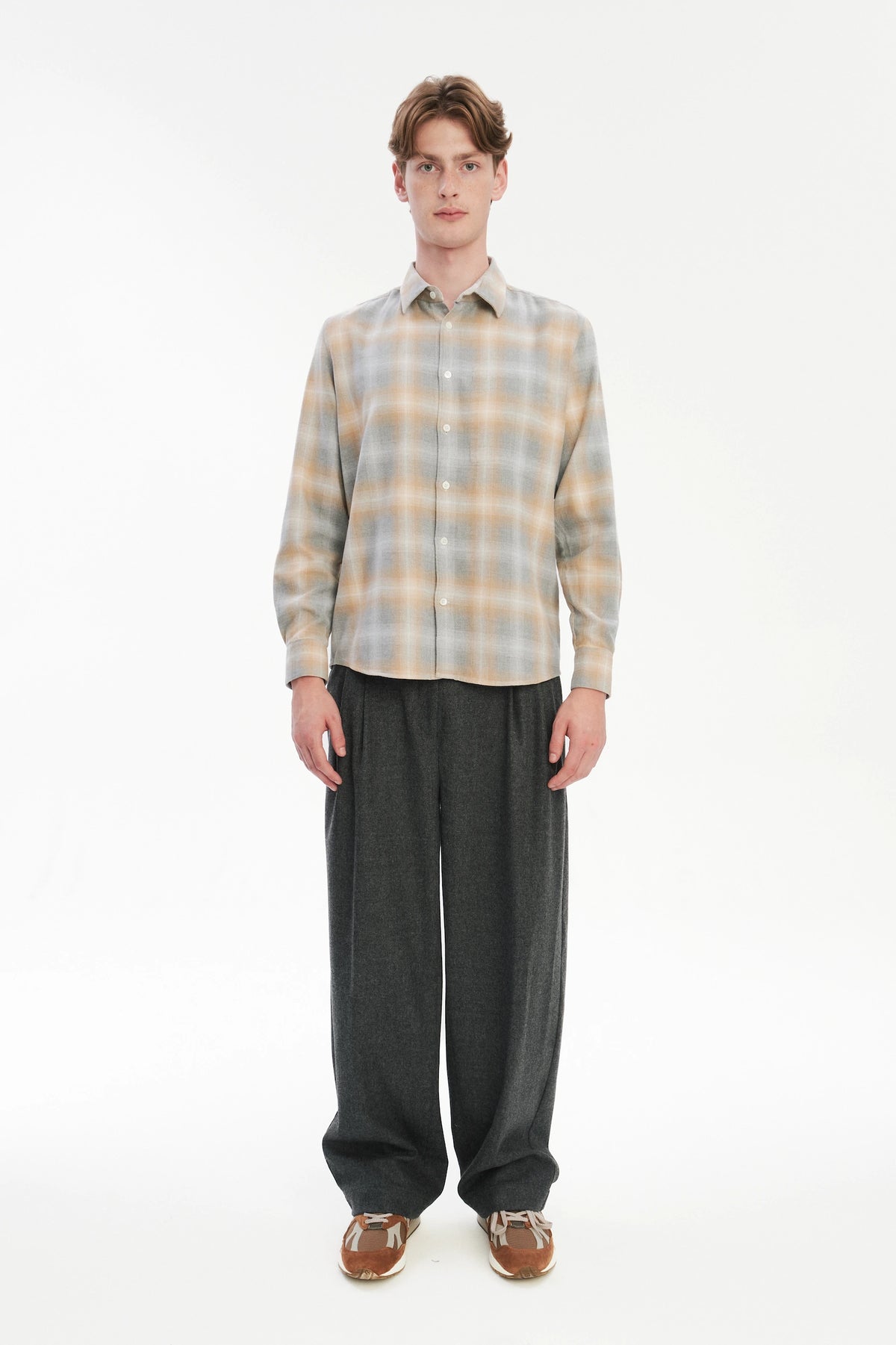 Feel Good Shirt in a Soft Tonal Beige and Grey Chequered Italian Cotton Flannel