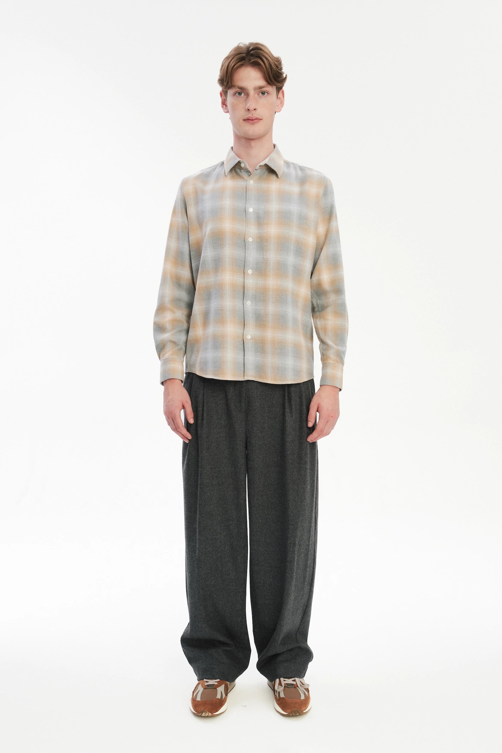 Feel Good Shirt in a Soft Tonal Beige and Grey Chequered Italian Cotton Flannel