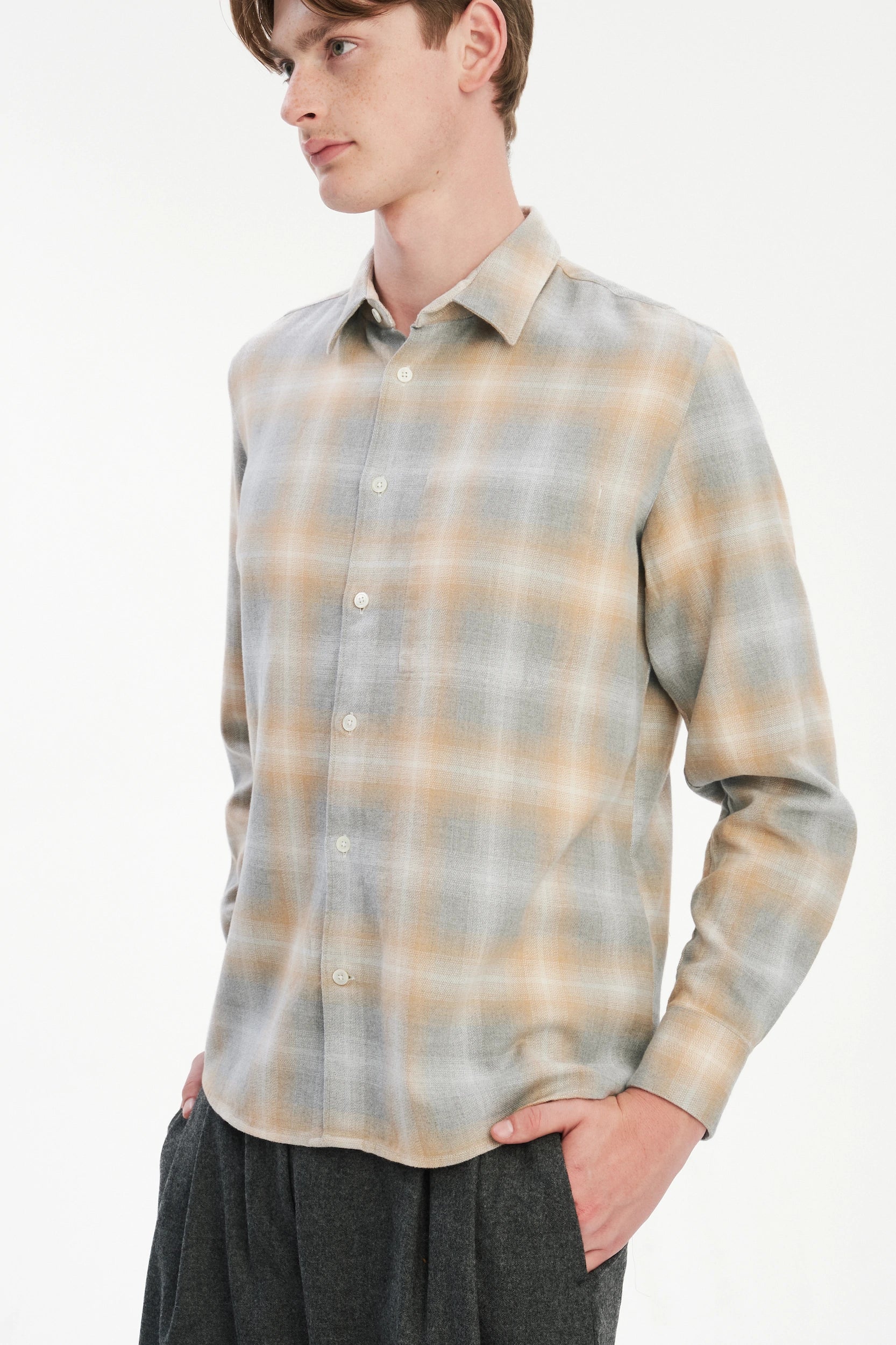 Feel Good Shirt in a Soft Tonal Beige and Grey Chequered Italian Cotton Flannel