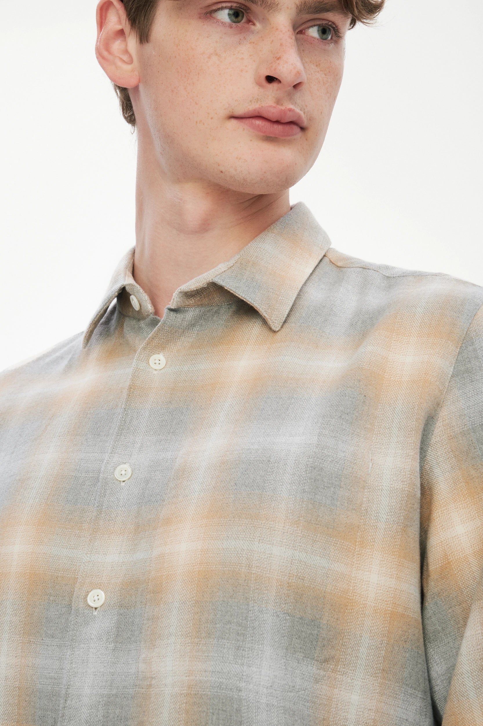 Feel Good Shirt in a Soft Tonal Beige and Grey Chequered Italian Cotton Flannel