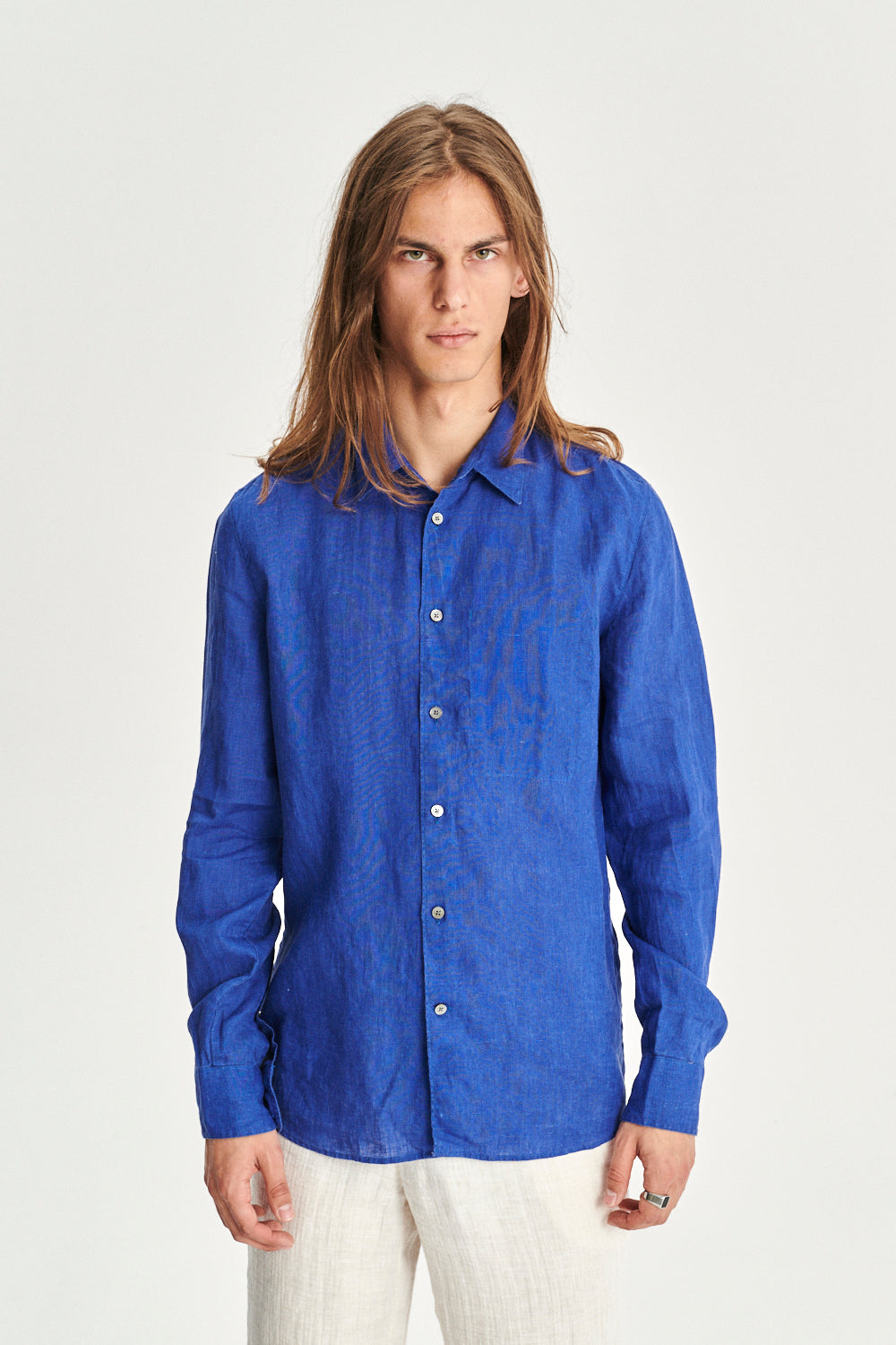 Feel Good  Shirt in a Cobalt Blue and Taupe Double Sided Italian Linen