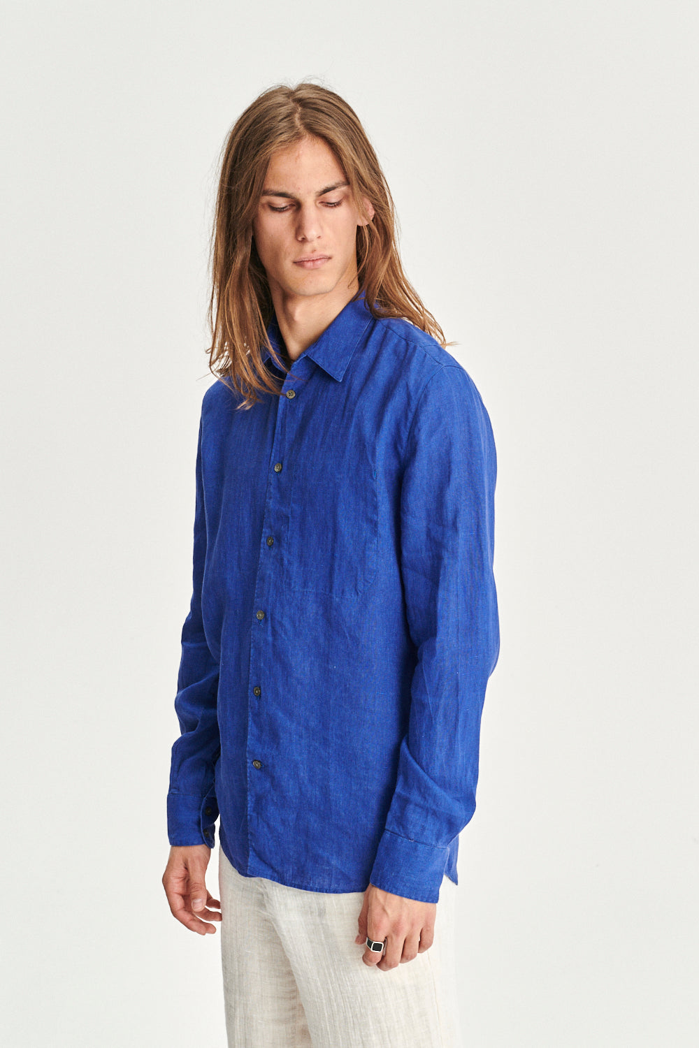 Feel Good  Shirt in a Cobalt Blue and Taupe Double Sided Italian Linen
