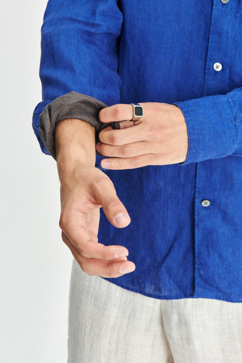 Feel Good  Shirt in a Cobalt Blue and Taupe Double Sided Italian Linen