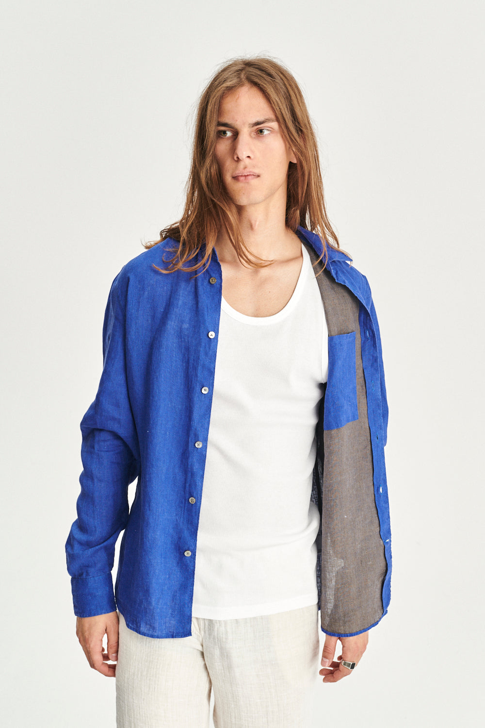 Feel Good  Shirt in a Cobalt Blue and Taupe Double Sided Italian Linen