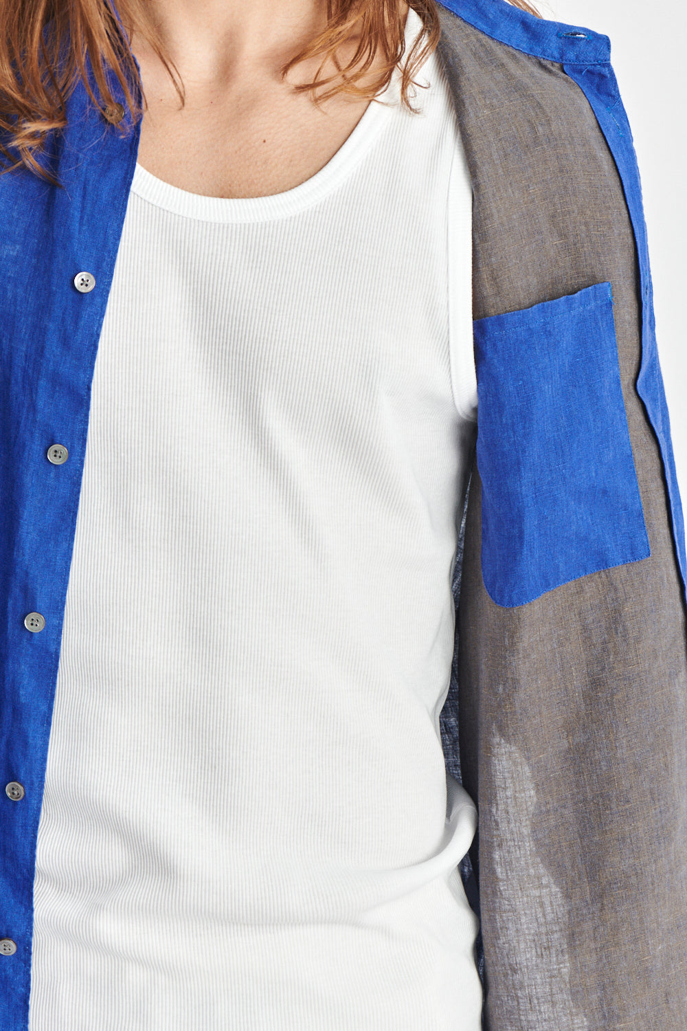Feel Good  Shirt in a Cobalt Blue and Taupe Double Sided Italian Linen