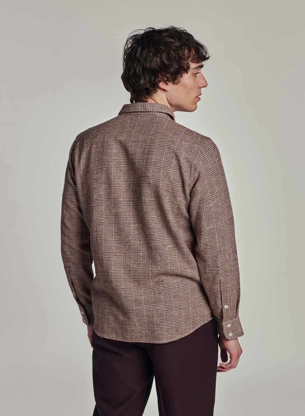 Feel Good Shirt in a Beige Brown Italian Cotton, Silk and Wool Blend with a Prince of Wales Pattern